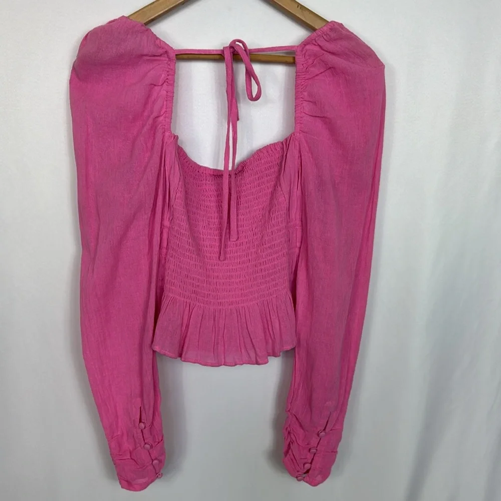 Free People Women’s Top Chloe Aurora Pink Smoked Tie Back Size M Long‎ Sleeve